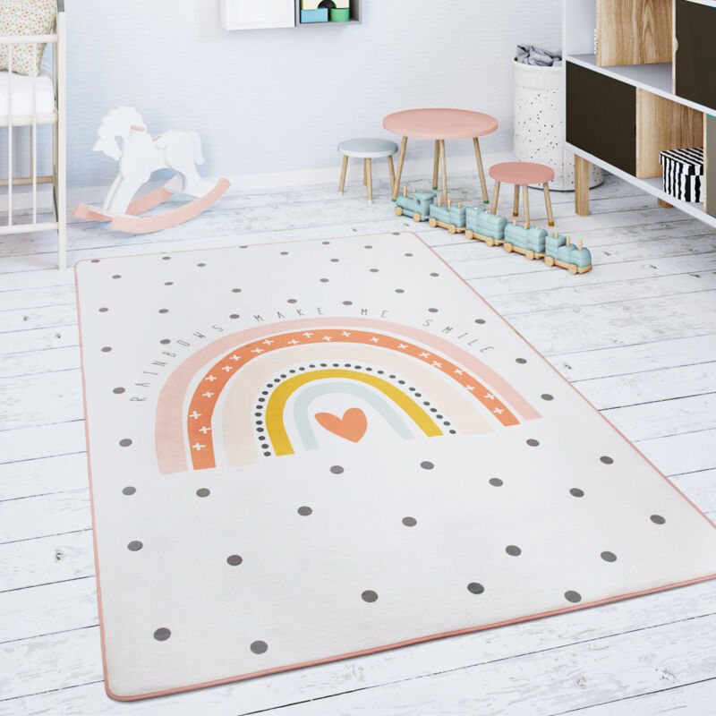 foto del prodotto paco home tappeto bambini cameretta da gioco beb arcobaleno cuore crema rosa 155x230 cm