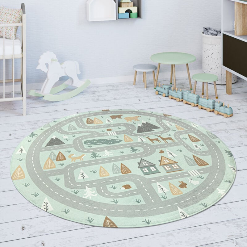 foto del prodotto paco home tappeto bambini cameretta da gioco beb strada orso alce alberi verde grigio 80 cm tondo