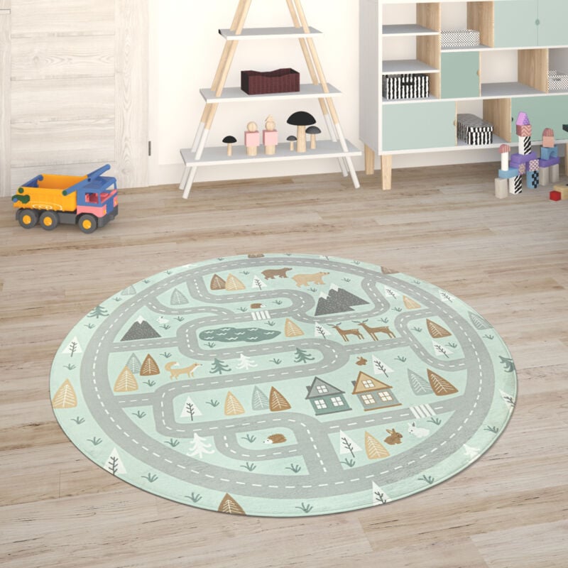 foto del prodotto paco home tappeto bambini cameretta da gioco beb tappeto bambini stradale da gioco turchese, 80 cm tondo