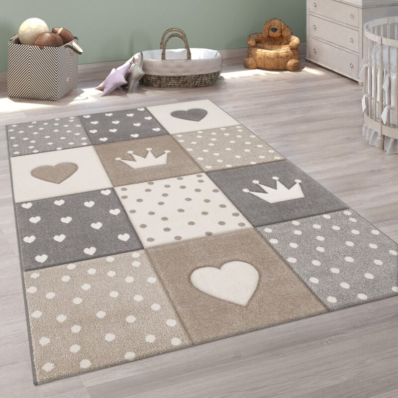 foto del prodotto paco home tappeto bambini cameretta pastello 3d polkadot cuore beige marrone 133 cm quadrato