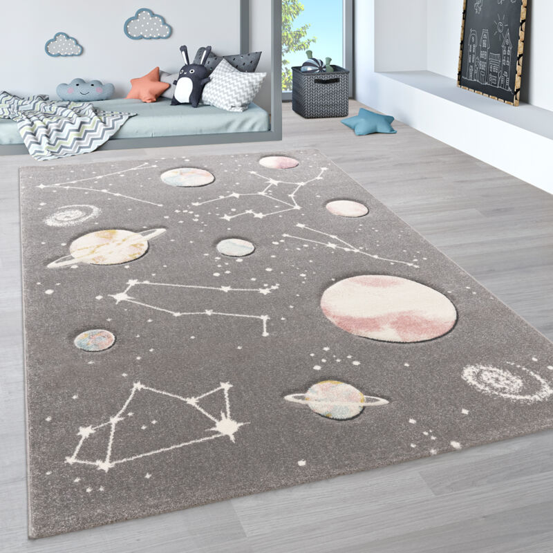 foto del prodotto paco home tappeto da gioco con stelle e pianeti per la cameretta dei bambini in grigio 80x150 cm