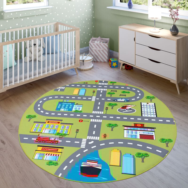 foto del prodotto paco home tappeto da gioco per la camera dei bambini, con design di strade e auto, in verde 100x200 cm