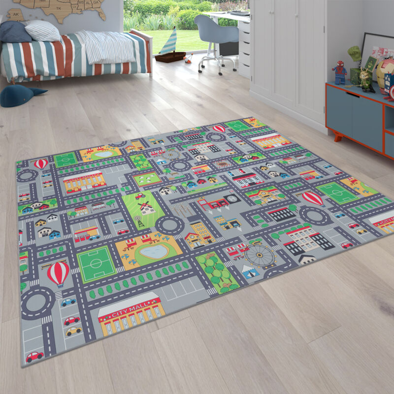 foto del prodotto paco home tappeto da gioco per la camera dei bambini, motivo con strade e auto, in grigio 80x150 cm