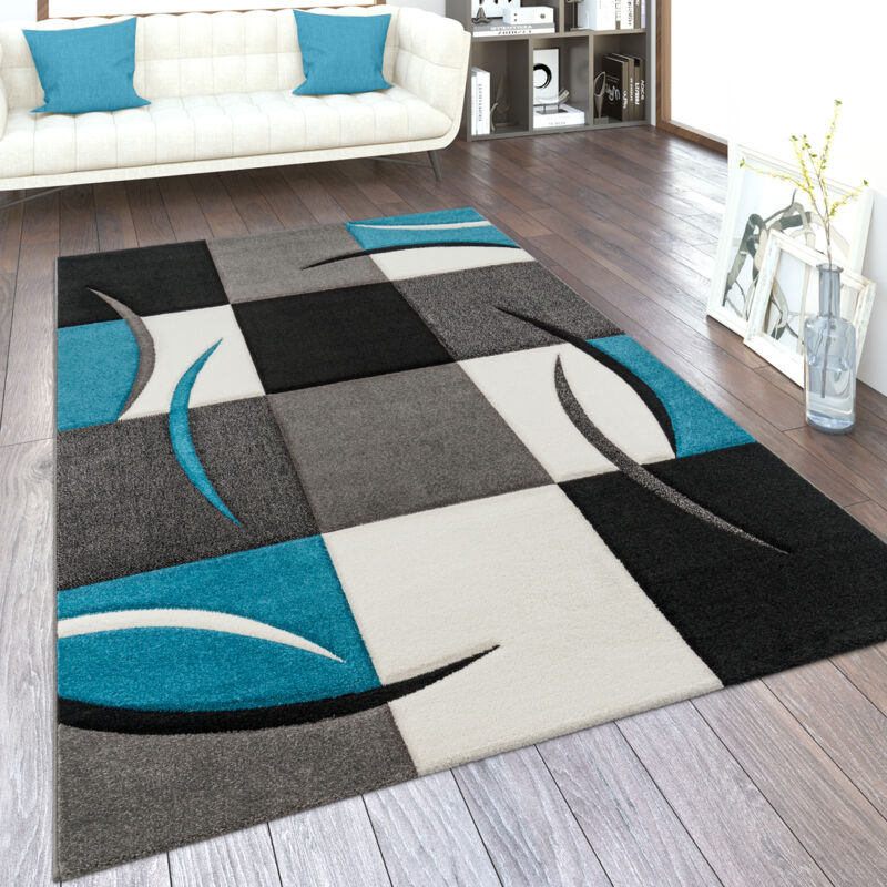 foto del prodotto paco home tappeto da soggiorno a pelo corto, disponibile in diversi colori e misure, con motivo a quadri e righe e design 3d 120x170 cm, turchese