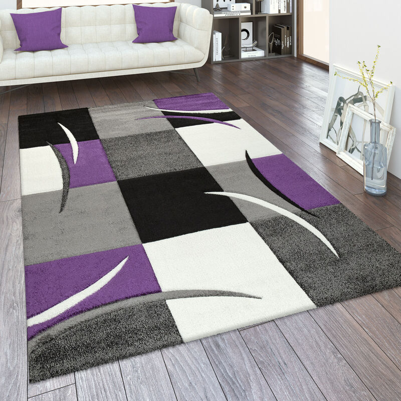foto del prodotto paco home tappeto da soggiorno a pelo corto, disponibile in diversi colori e misure, con motivo a quadri e righe e design 3d 60x110 cm, viola