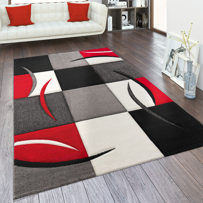 foto del prodotto paco home tappeto da soggiorno a pelo corto, disponibile in diversi colori e misure, con motivo a quadri e righe e design 3d 80x300 cm, rosso