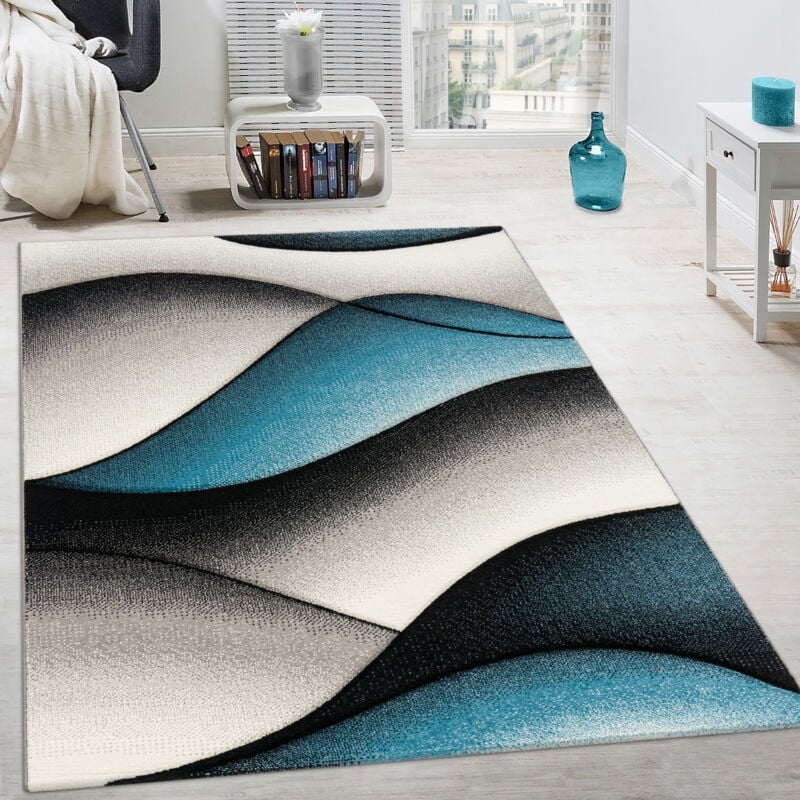 foto del prodotto paco home tappeto di design moderno astratto effetto onde taglio sagomato grigio turchese 80x150 cm