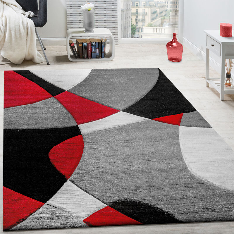 foto del prodotto paco home tappeto di design moderno motivo geometrico taglio sagomato in rosso nero grigio 200x290 cm