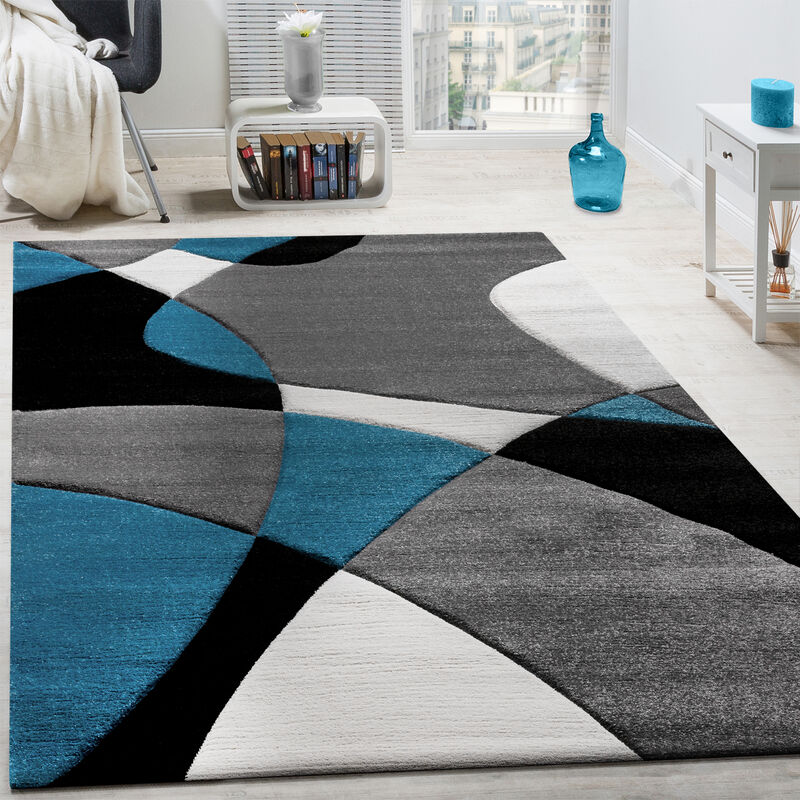 foto del prodotto paco home tappeto di design moderno motivo geometrico taglio sagomato turchese grigio nero 160x230 cm