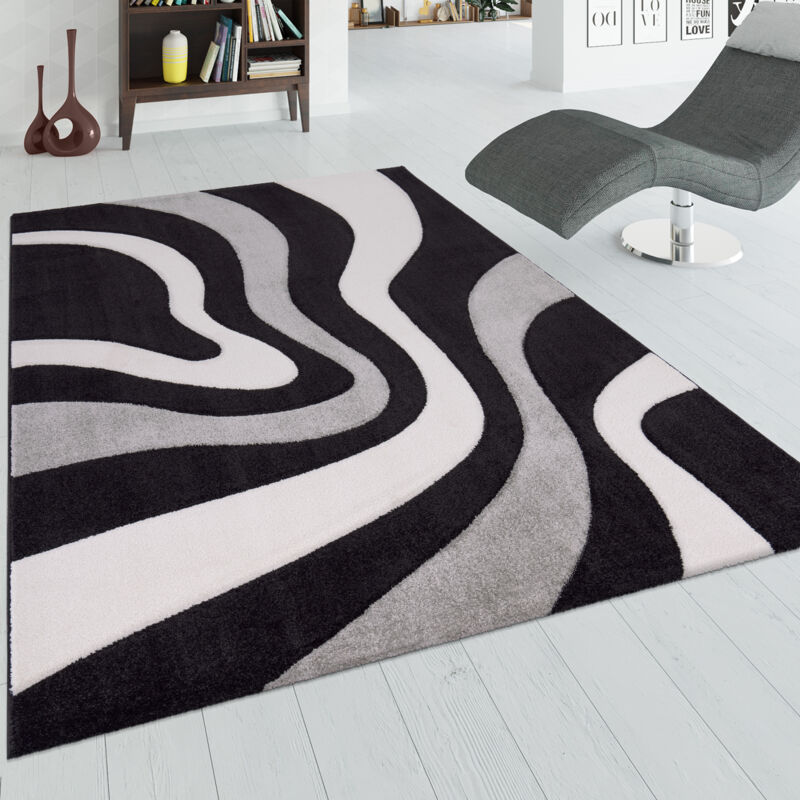 foto del prodotto paco home tappeto di design motivo ondulato orlo lavorato a mano nei colori nero grigio bianco 60x110 cm