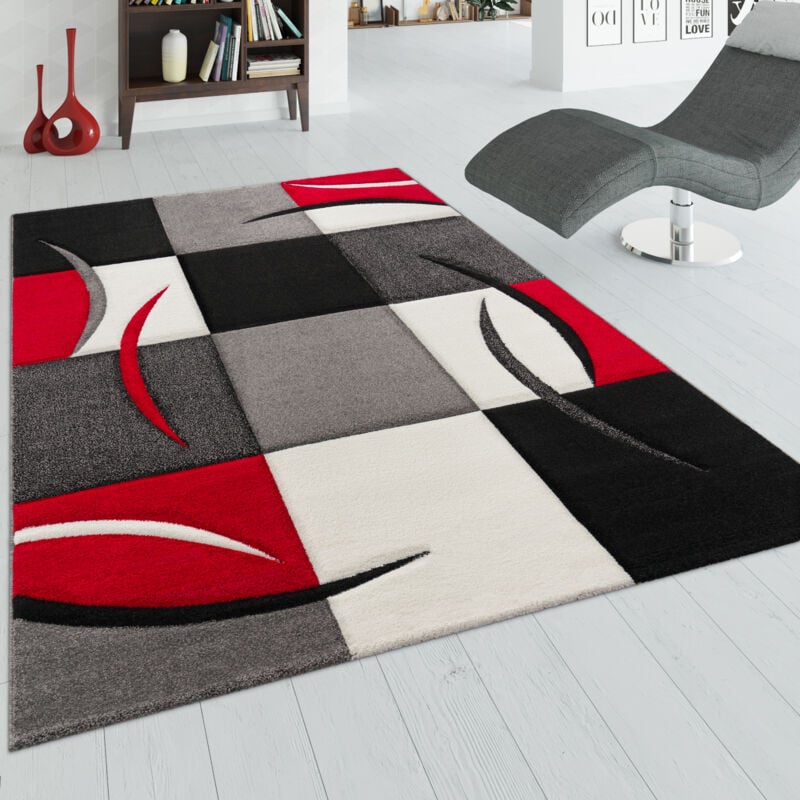 foto del prodotto paco home tappeto di design orlo modello a quadri nei colori bianco rosso grigio nero 60x110 cm