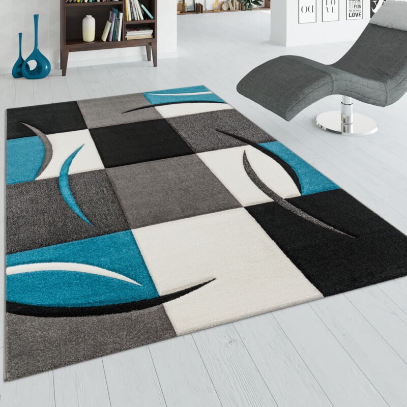 foto del prodotto paco home tappeto di design orlo modello a quadri nei colori bianco turchese grigio nero 80x150 cm