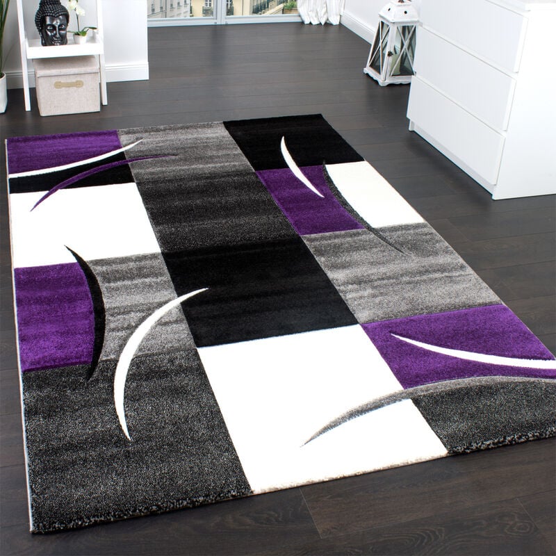 foto del prodotto paco home tappeto di design orlo modello a quadri nei colori viola bianco nero grigio 200x290 cm