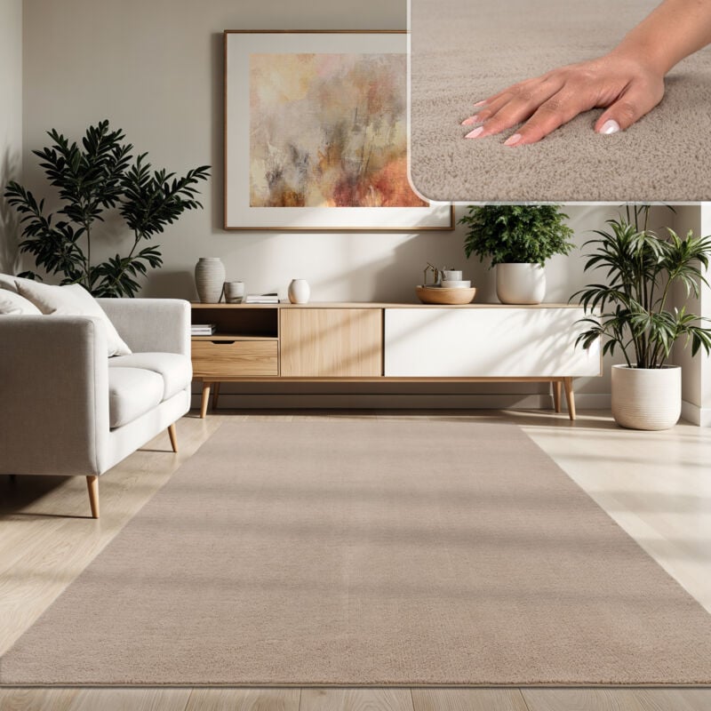 foto del prodotto paco home tappeto moderno per soggiorno a pelo corto lavabile morbido uni effetto pelliccia antiscivolo 140x200 cm, beige