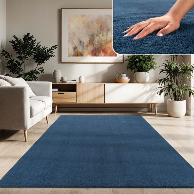 foto del prodotto paco home tappeto moderno per soggiorno a pelo corto lavabile morbido uni effetto pelliccia antiscivolo 200 cm quadrato, navy blu
