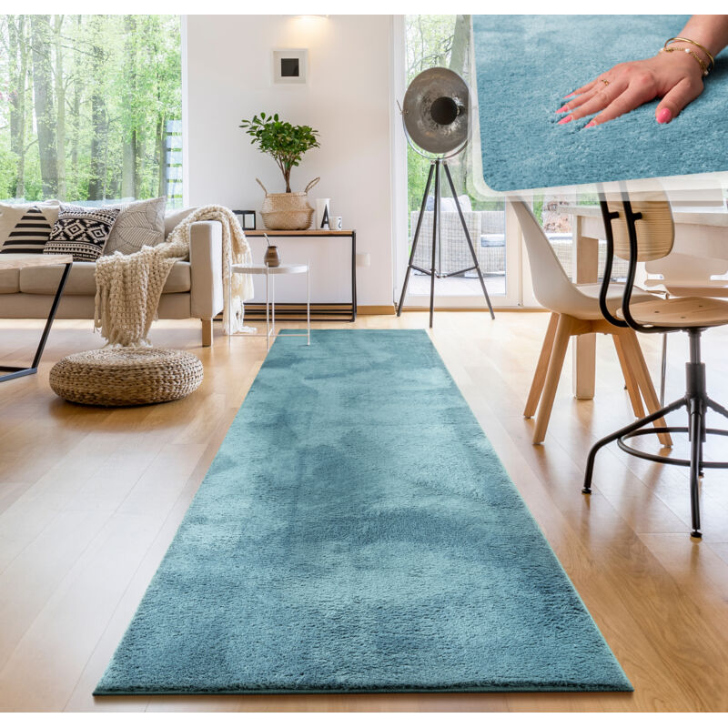 foto del prodotto paco home tappeto moderno per soggiorno a pelo corto lavabile morbido uni effetto pelliccia antiscivolo 80x300 cm, turchese