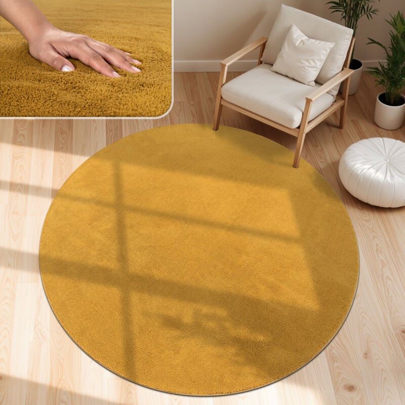foto del prodotto paco home tappeto moderno per soggiorno a pelo corto lavabile morbido uni effetto pelliccia antiscivolo giallo, 160 cm tondo