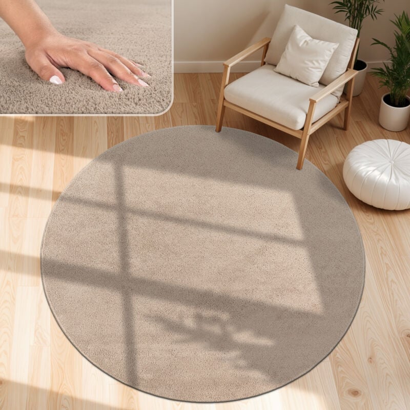 foto del prodotto paco home tappeto moderno per soggiorno a pelo corto lavabile morbido uni effetto pelliccia antiscivolo taupe, 80 cm tondo