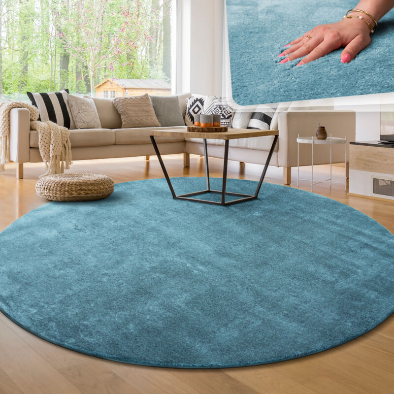 foto del prodotto paco home tappeto moderno per soggiorno a pelo corto lavabile morbido uni effetto pelliccia antiscivolo turchese, 80 cm tondo
