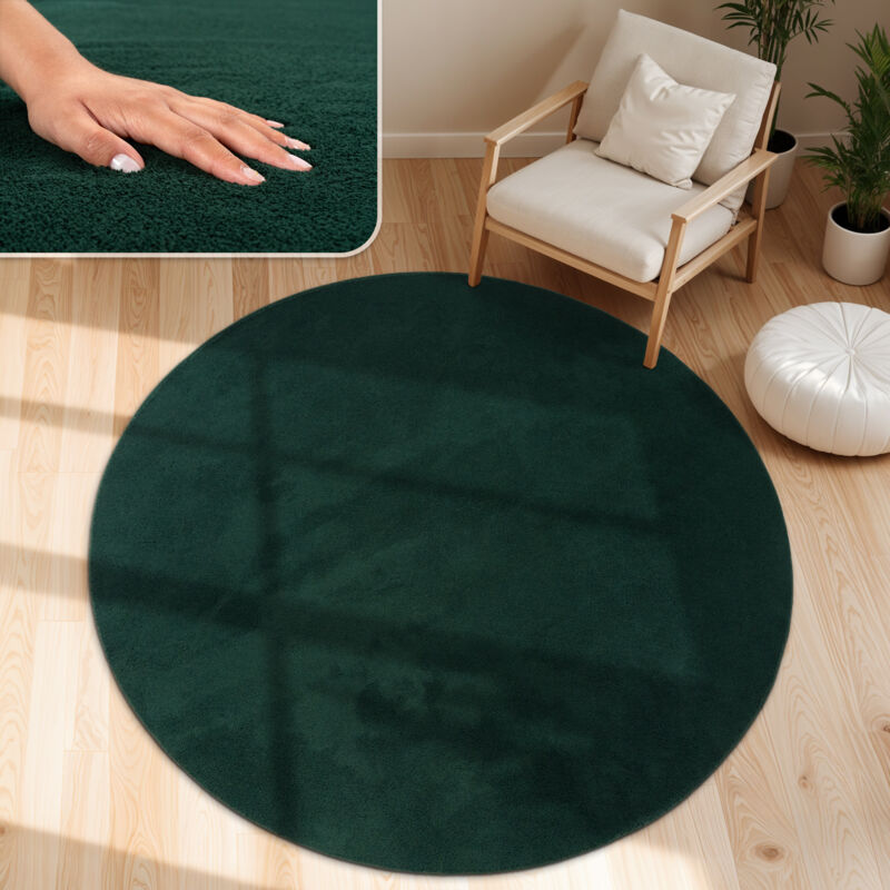 foto del prodotto paco home tappeto moderno per soggiorno a pelo corto lavabile morbido uni effetto pelliccia antiscivolo verde, 80 cm tondo