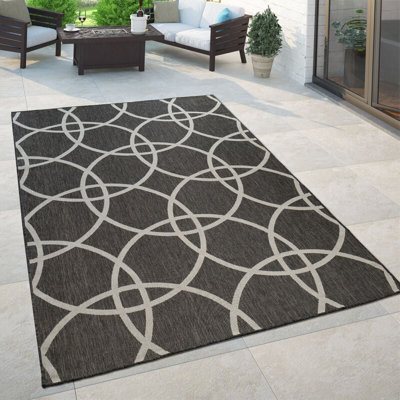foto del prodotto paco home tappeto nero da esterno per il balcone e la terrazza, per il soggiorno e il corridoio, dal design a cerchi, robusto 80x200 cm