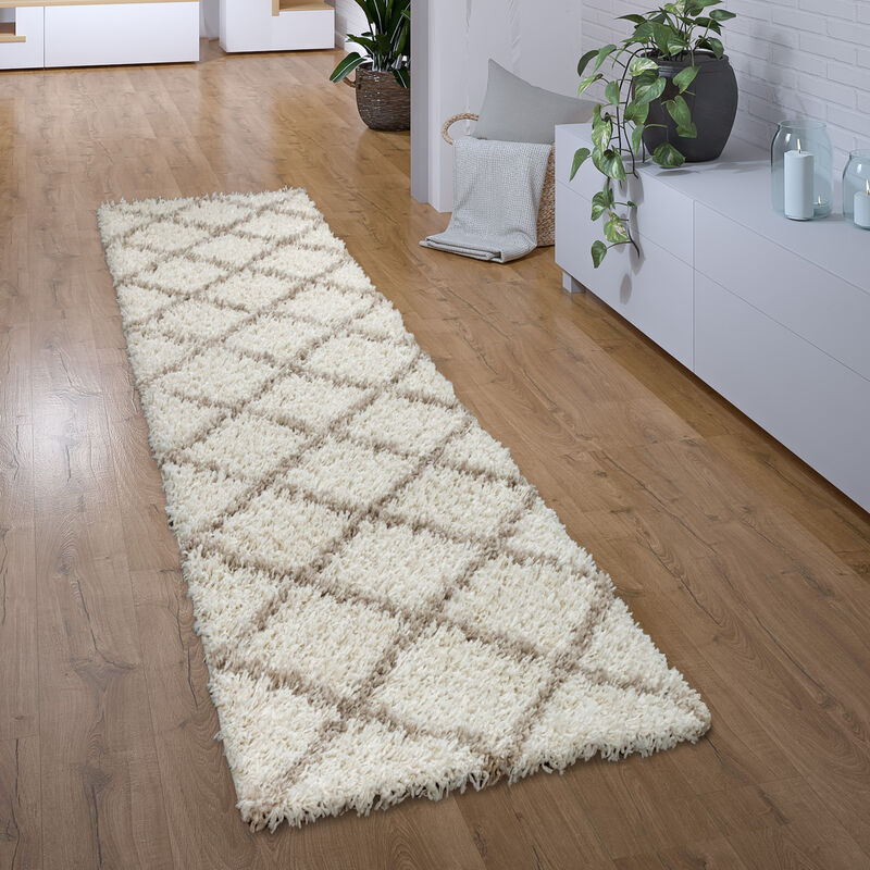 foto del prodotto paco home tappeto pelo lungo corridoio camera da letto moderno motivo diamante scandi 60x100 cm, beige crema