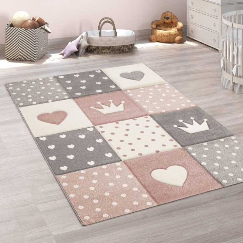 foto del prodotto paco home tappeto per bambini colori pastello quadri punti cuori stelle bianco grigio rosa 120x170 cm