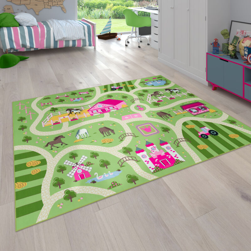 foto del prodotto paco home tappeto per bambini, tappeto da gioco per camere dei bambini, paesaggio e cavalli, in verde 140x200 cm