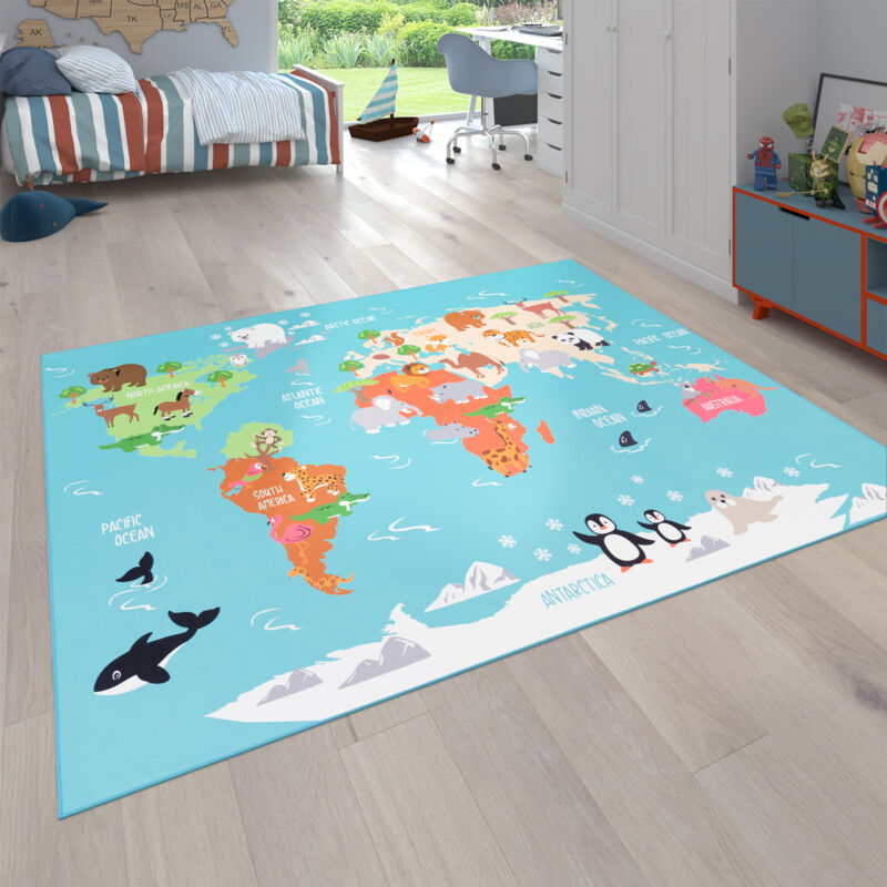 foto del prodotto paco home tappeto per bambini, tappeto da gioco per le camere dei bambini, mappa del mondo con animali, in verde 120x160 cm