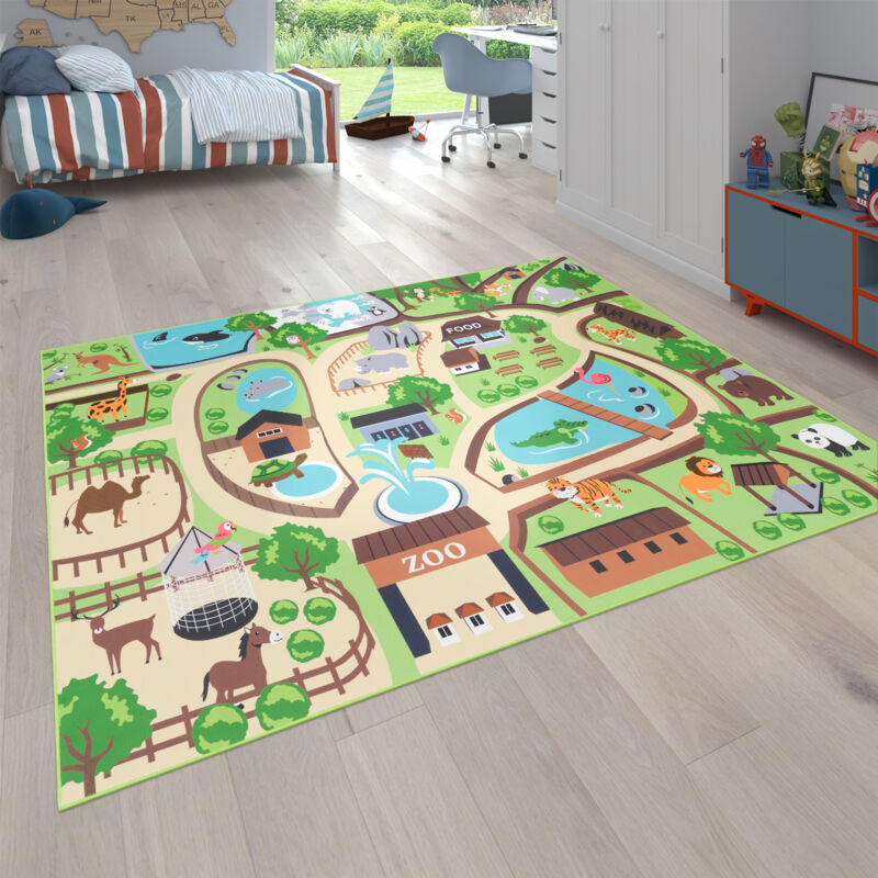 foto del prodotto paco home tappeto per bambini, tappeto da gioco per le camere dei bambini, zoo con tigre, orso, leone, colorato 200 cm quadrato