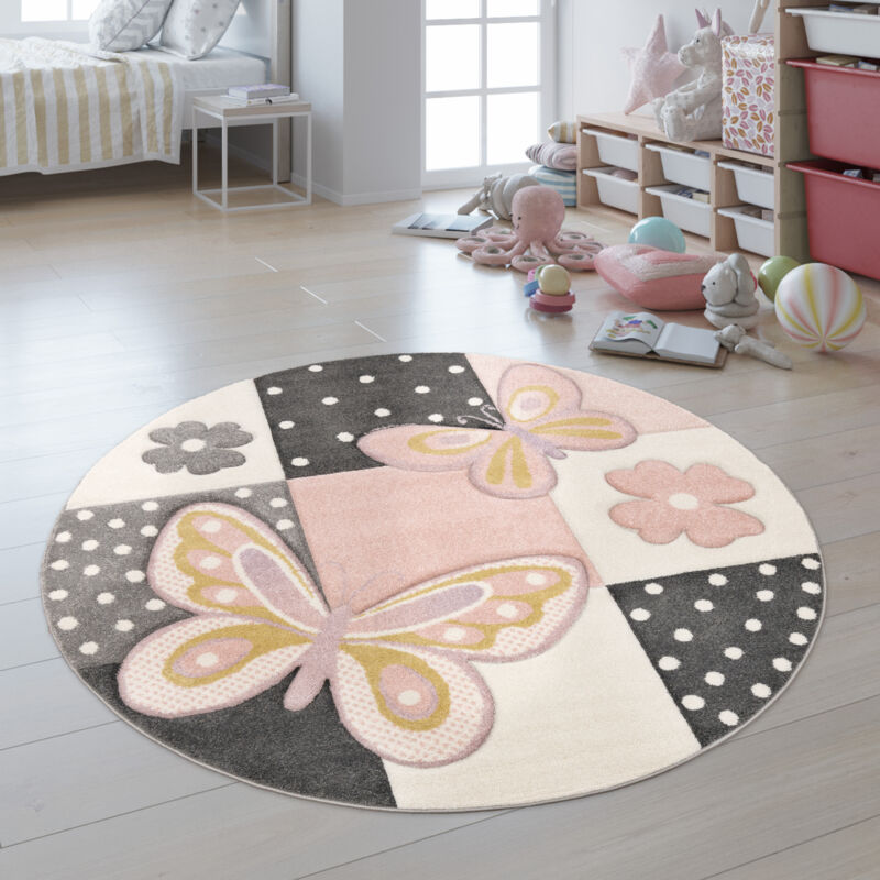 foto del prodotto paco home tappeto per cameretta dei bambini colori pastello motivo a quadri con farfalle punti fiori variopinto 200 cm tondo