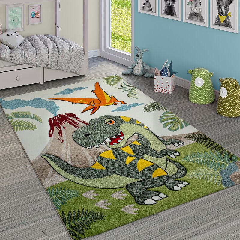 foto del prodotto paco home tappeto per cameretta dei bambini grazioso dinosauri giungla vulcano effetto 3 d pelo corto verde 200x290 cm