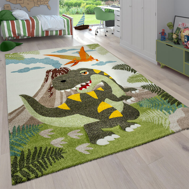 foto del prodotto paco home tappeto per cameretta per bambini a pelo corto con animali e motivi tropicali 120 cm tondo, verde 4