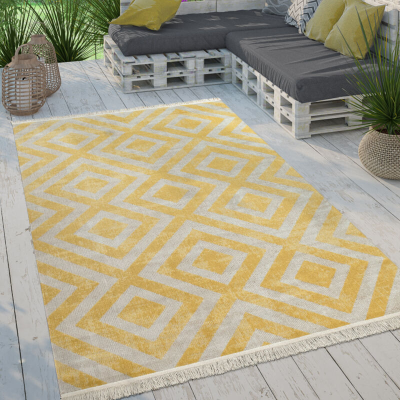 foto del prodotto paco home tappeto per esterno terrazzo balcone tappeto cucina moderno rombi design con frange 200 cm tondo, giallo bianco