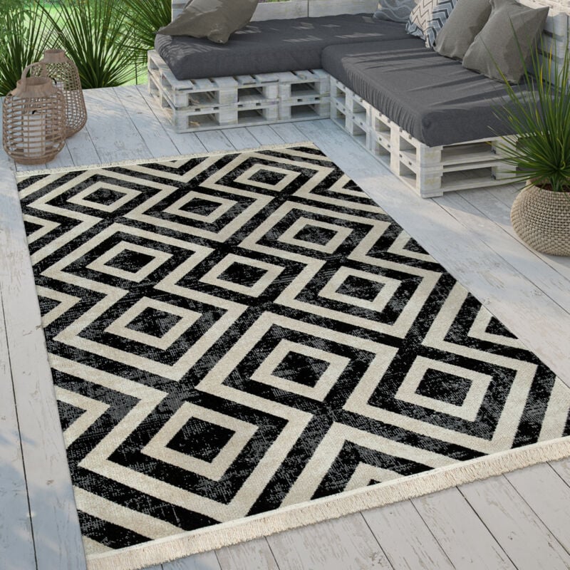 foto del prodotto paco home tappeto per esterno terrazzo balcone tappeto cucina moderno rombi design con frange 200 cm tondo, nero bianco