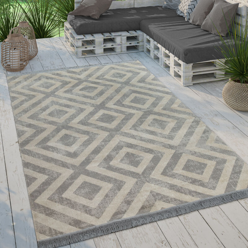 foto del prodotto paco home tappeto per esterno terrazzo balcone tappeto cucina moderno rombi design con frange 200x280 cm, grigio bianco
