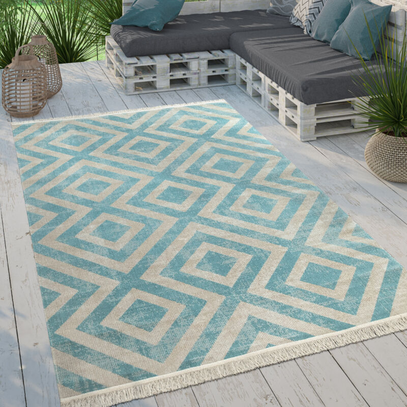 foto del prodotto paco home tappeto per esterno terrazzo balcone tappeto cucina moderno rombi design con frange 80x250 cm, blu bianco