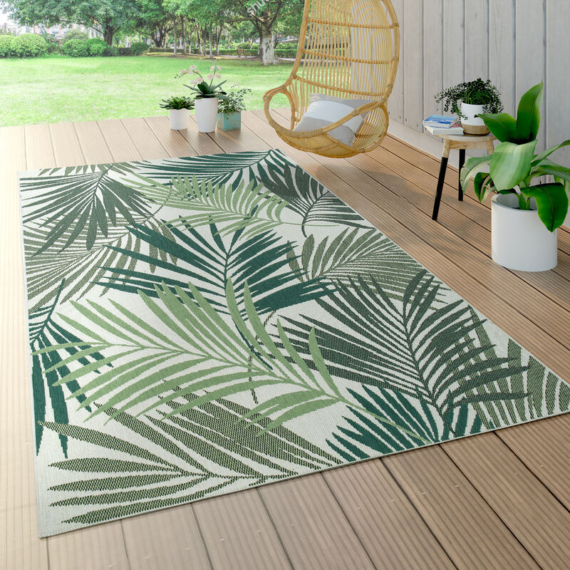 foto del prodotto paco home tappeto per interni ed esterni con tessuto piatto e design floreale di palme in stile giungla inciso in verde 150 cm quadrato