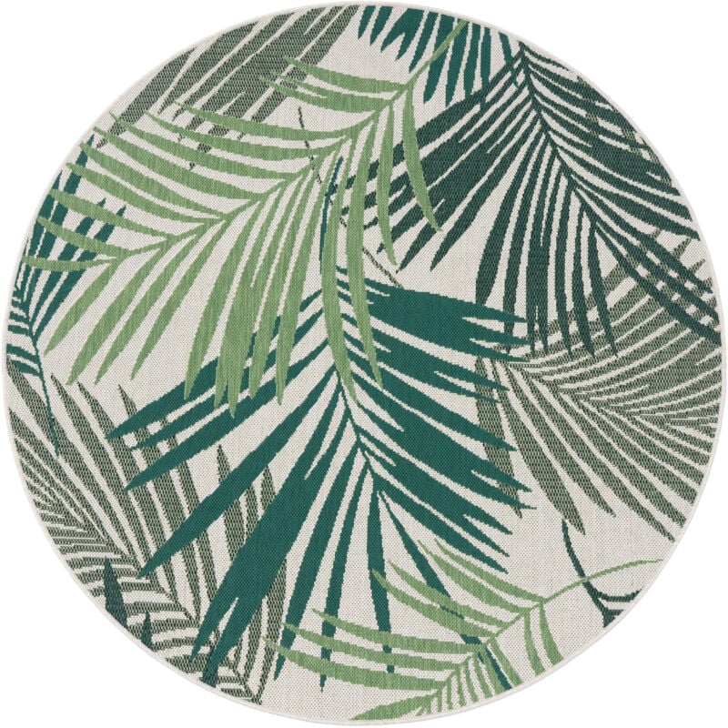 foto del prodotto paco home tappeto per interni ed esterni con tessuto piatto e design floreale di palme in stile giungla inciso in verde 200 cm tondo