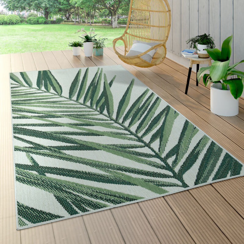 foto del prodotto paco home tappeto per interni ed esterni verde beige adatto per terrazza e balcone, con motivo di palme, a tessuto liscio 150 cm quadrato