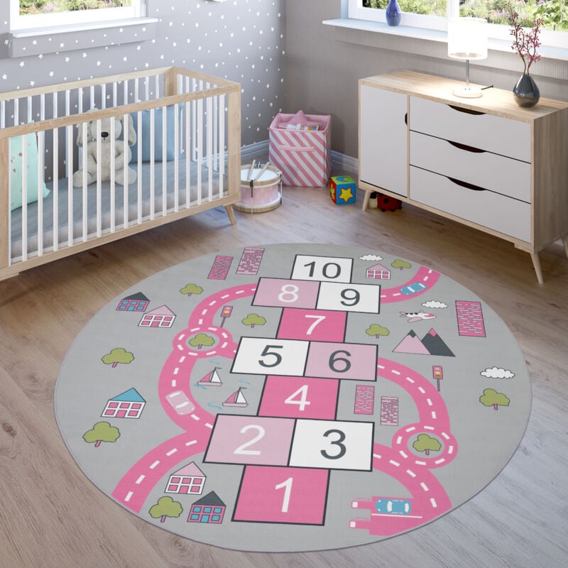 foto del prodotto paco home tappeto per la camera dei bambini, tappeto da gioco, design di strade, gioco della campana, rosa 80x150 cm
