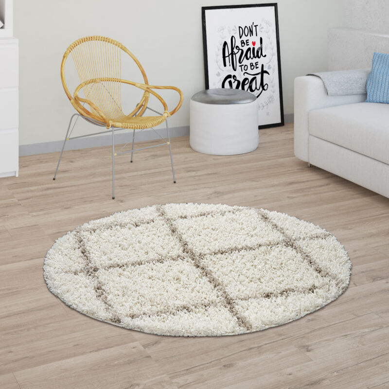 foto del prodotto paco home tappeto per soggiorno a pelo alto shaggy design scandinavo con motivo a rombi, moderno beige 120 cm tondo