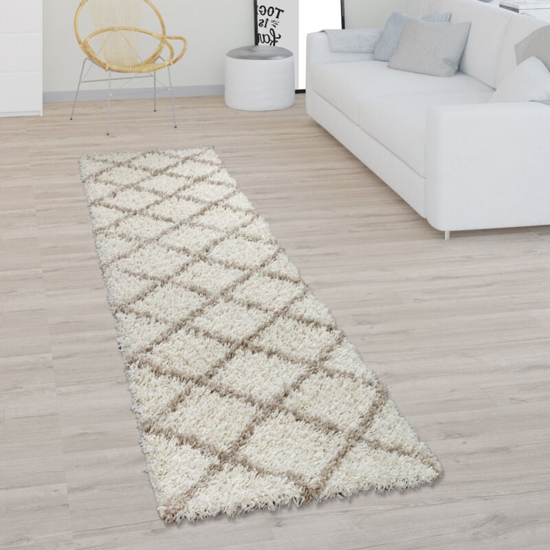foto del prodotto paco home tappeto per soggiorno a pelo alto shaggy design scandinavo con motivo a rombi, moderno beige 60x100 cm