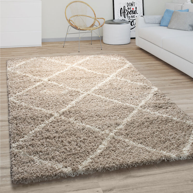 foto del prodotto paco home tappeto per soggiorno a pelo alto shaggy motivo a rombi scandinavo, moderno in beige 150 cm quadrato
