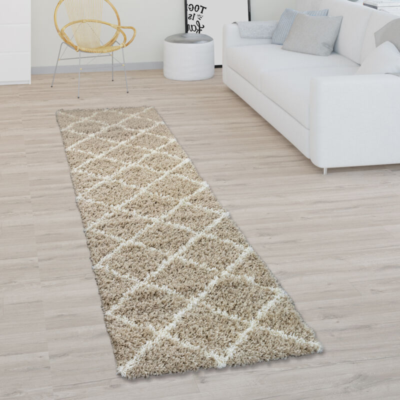 foto del prodotto paco home tappeto per soggiorno a pelo alto shaggy motivo a rombi scandinavo, moderno in beige 60x100 cm