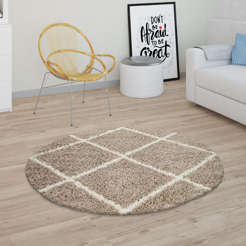 foto del prodotto paco home tappeto per soggiorno a pelo alto shaggy motivo a rombi scandinavo, moderno in beige 80 cm tondo