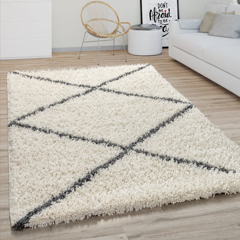 foto del prodotto paco home tappeto per soggiorno a pelo alto shaggy motivo a rombi scandinavo, moderno in crema 120x170 cm