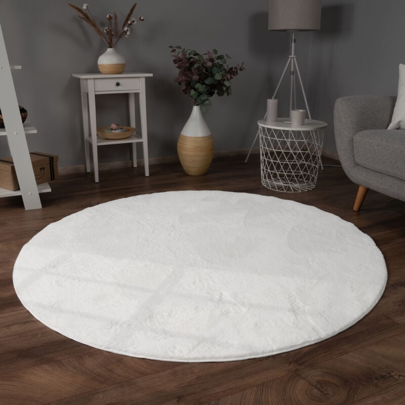 foto del prodotto paco home tappeto per soggiorno in finta pelliccia peluche alto pelo morbido disponibile in diverse colori bianco, 120 cm tondo