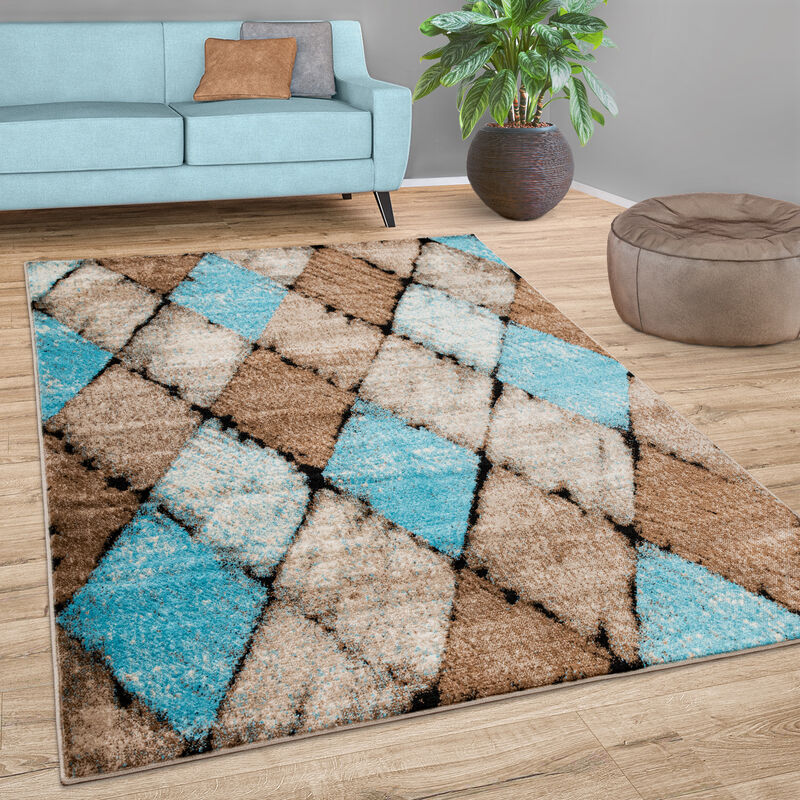 foto del prodotto paco home tappeto per soggiorno vintage a pelo corto, con rombi in beige, blu e marrone 60x100 cm