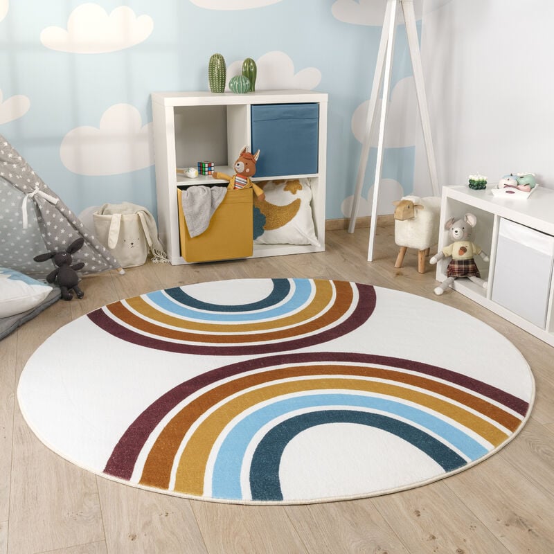 foto del prodotto paco home tappeto rotondo bambini cameretta ragezzi arcobaleno lavabile in lavatrice 100 cm tondo, multicolore 2